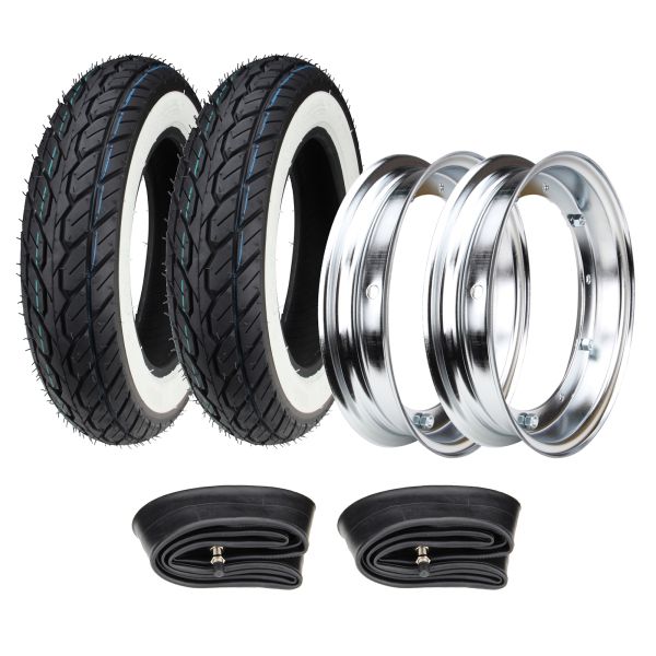 Weißwand Reifen Set 2x 3.50-10 Chrom Felgen für Vespa APE 50 & Cosa (1039462s1)