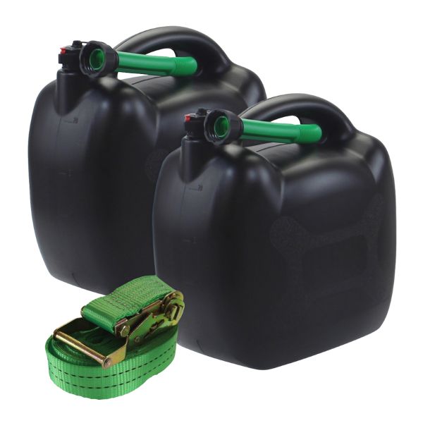 2x Benzinkanister 20L schwarz Kunststoff mit Einfüllschlauch grün, UN-Zulassung Set mit Spanngurt 6m 38mm (16821202S)