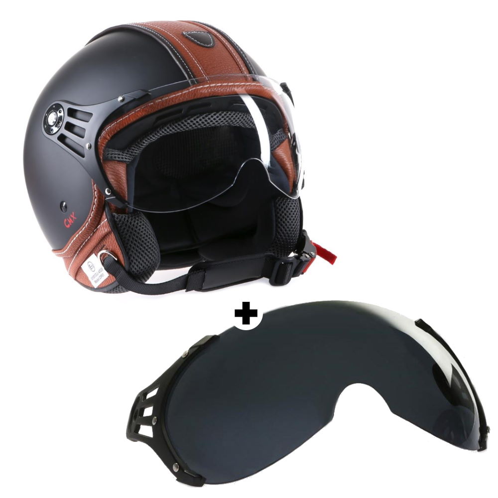 CMX Hazel casque jet casque scooter casque police noir-mat cuir marron