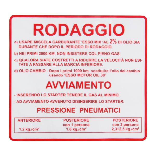 Aufkleber Einfahr Vorschrift "Rodaggio" rot 127x115mm für Vespa 50 90 125 / PK 50 80 125 / Primavera 125 (142721050)
