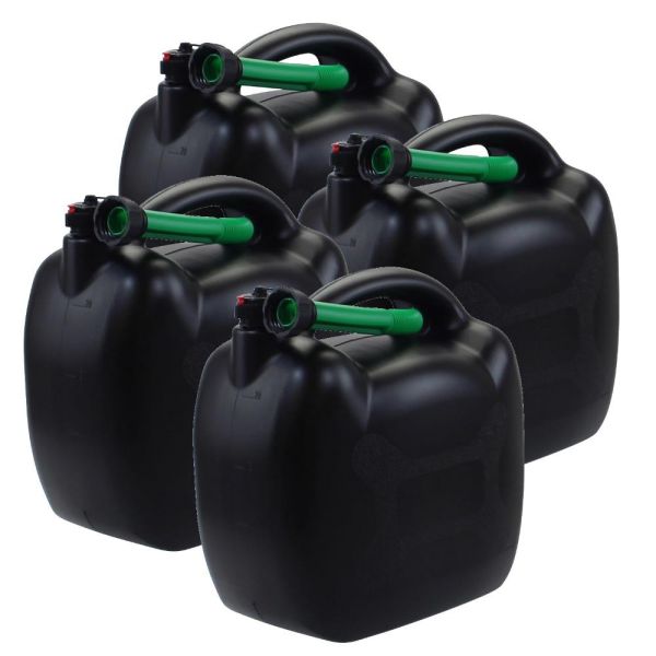 4x bidons d'essence 20L noir plastique avec tuyau de remplissage vert,  homologation UN