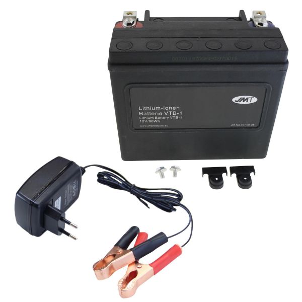 Lithium-Ionen-Batterie JMT VTB-1 V-Twin, 12 V 8 Ah, Pluspol rechts, DIN 51821 + Ladegerät (9750221)