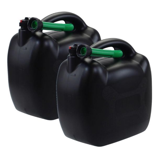 2x bidons d'essence 20L noir plastique avec tuyau de remplissage vert,  homologation UN