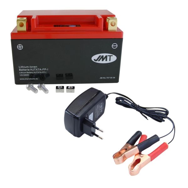 Lithium-Ionen-Batterie JMT HJTX7A-FP, 12 V 2.4 Ah, Pluspol links, DIN 50615 + Ladegerät (9533921)