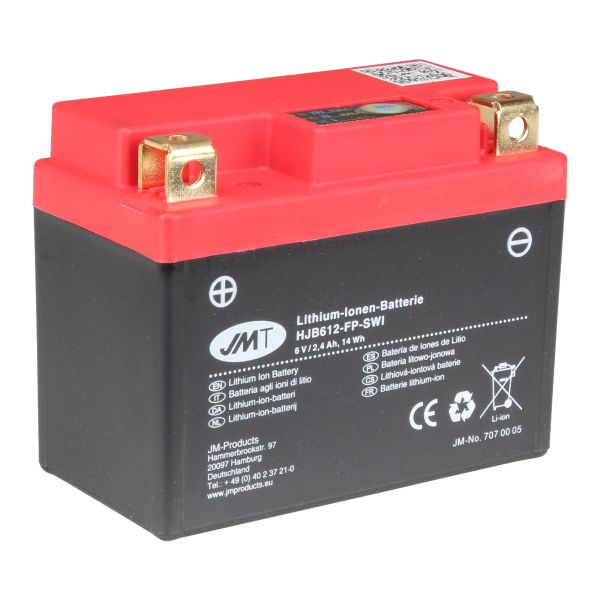 Lithium-Ionen-Batterie JMT HJB612-FP, 6 V 2.4 Ah, Honda CM CB CB125 CM185T MC01 C, Pluspol links (953380)