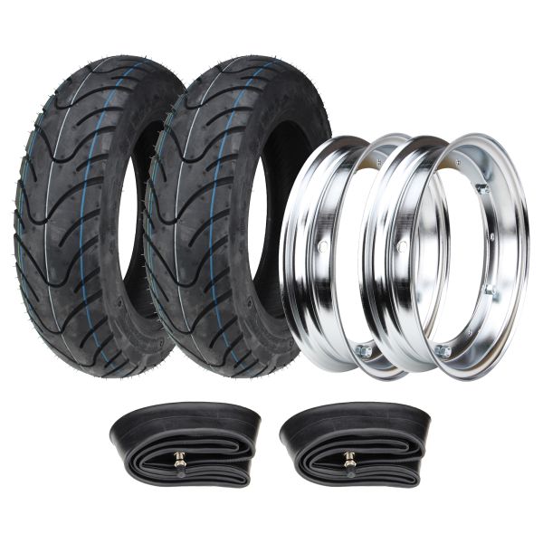 2x Felge chrom RMS 2.10-10 + Reifen Kenda K413 100/90-10 56J TL + Schlauch für Vespa PK PX 50 80 / Piaggio Ape 50 (1039922s1)