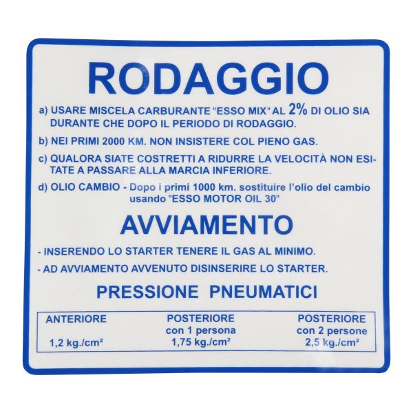 Aufkleber Einfahr Vorschrift "Rodaggio" blau 127x115mm für Vespa 50 90 125 / PK 50 80 125 / Primavera 125 (142721060)