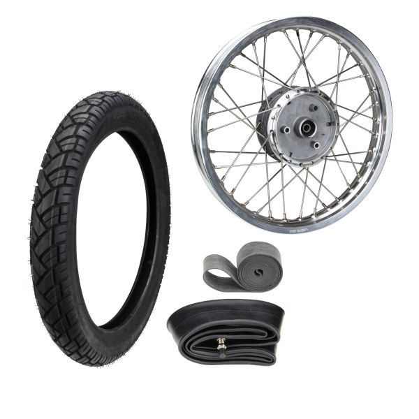 Alu Speichenrad komplett 1,6x16 Zoll poliert/Edelst + Reifen VeeRubber VRM094 2.75-16 43J TT +Schlauch+Felgenband (105499)