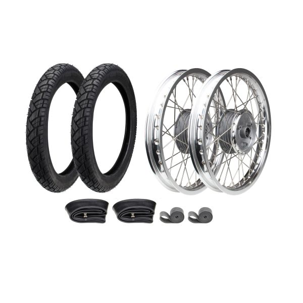 2x Alu Speichenrad komplett 1,6x16 Zoll poliert/Edelst + Reifen VeeRubber VRM094 2.75-16 43J TT +Schlauch+Felgenband - C (102957)